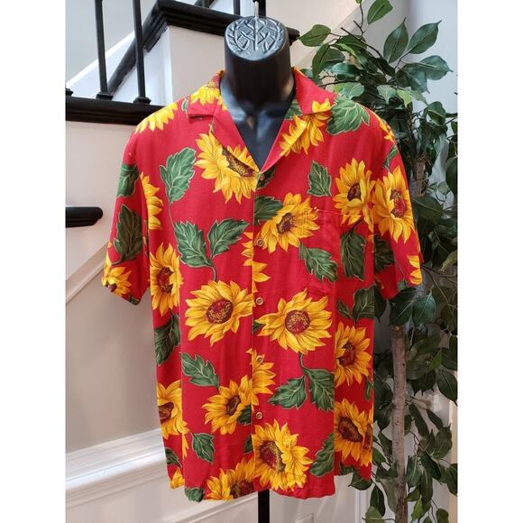 Paradise Found Men's Red Sunflower Collared Short Sleeve Button Down Shirt Large - Picture 1 of 8
